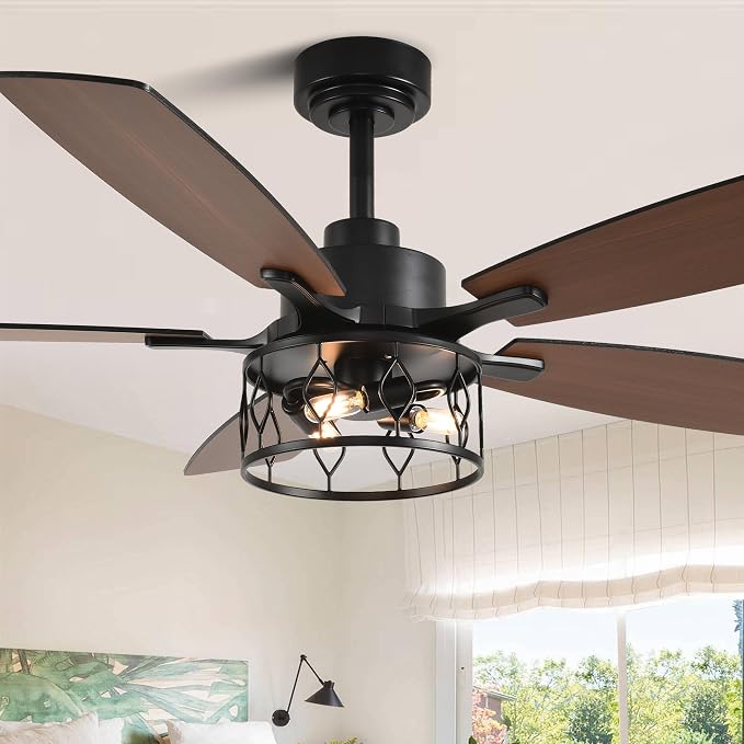 Dawn Whisper 52 Inch Black Ceiling Fans with Lights Farmhouse Ceiling Fan with Remote for Bedroom Living Room Caged Classic Chandelier Fan for Indoor(NO Bulbs