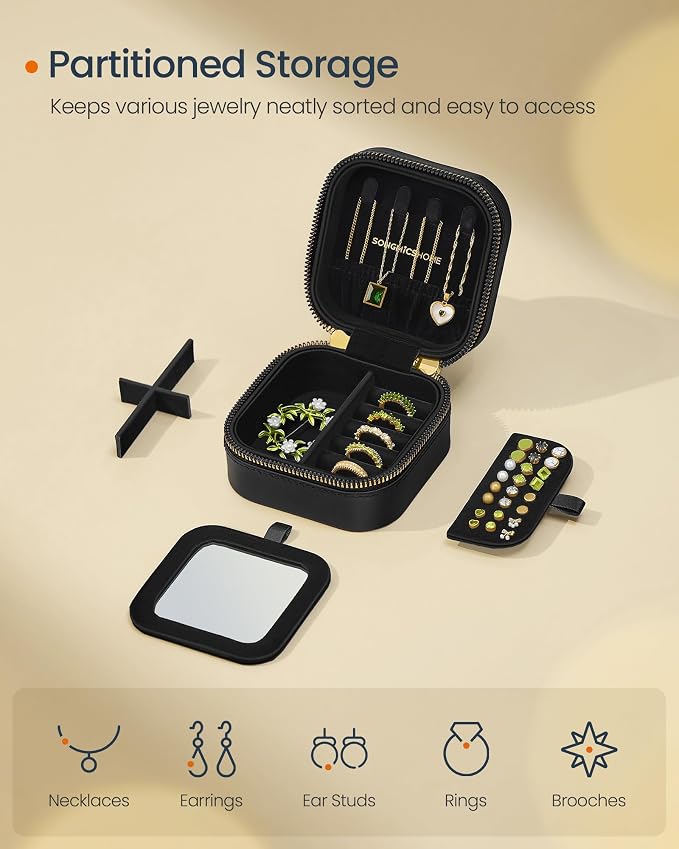 SONGMICS HOME Travel Jewelry Case with Mirror, Stitching, Portable | Jewelry box organizer, 4.1 x 4.1 x 2.4 Inches, Gift Idea, Ink Black, UJBC179B01