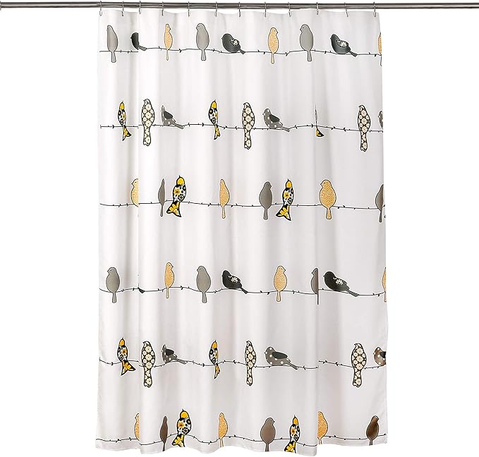 Lush Decor Rowley Birds Shower Curtain, 72” W x 72” L, Yellow & Gray - Colorful Floral Bird Pattern - Whimsical & Playful Bird Shower Curtain - Farmhouse, Coastal, & Boho Bathroom Decor