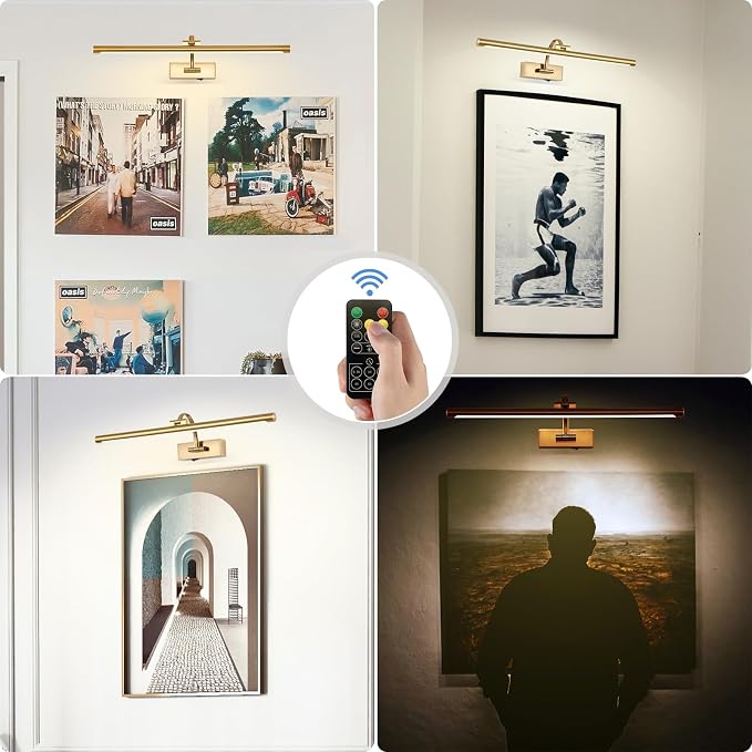 Tassuowell Picture Light Battery Operated with Remote, 3CCT Dimmable Picture Light for Paintings, Brass Rechargeable 24 inch Battery Operated Wall Sconce for Art Lighting Gallery Portrait Artwork