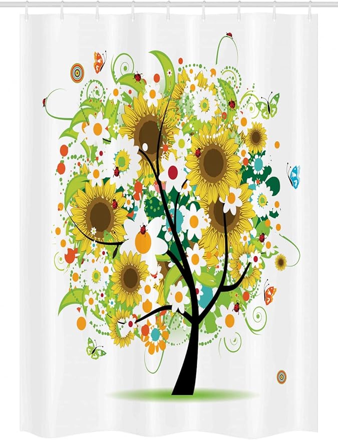 Ambesonne Sunflower Stall Shower Curtain, Floral Tree with Daisies Sunflowers Butterflies Ladybugs Spring Fantasy Joyful, Fabric Bathroom Decor Set with Hooks, 54" W x 78" L, Green Black