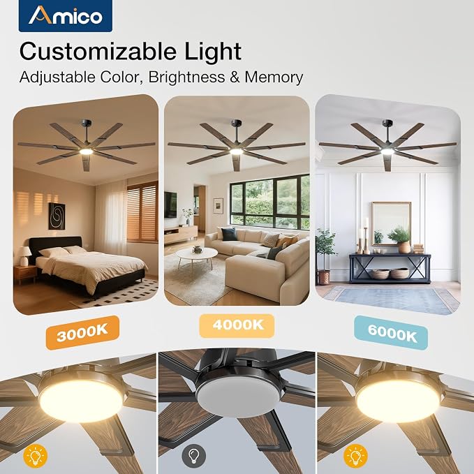 Amico Ceiling Fans with Lights,74 inch Walnut Ceiling fan with Light and Remote, 6 Speed Reversible DC Motor, 3CCT, Dimmable, Quiet, Timer, Outdoor Ceiling Fan for Patio, Living room, Indoor/Outdoor