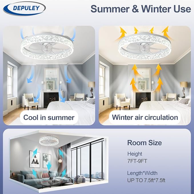 Depuley Ceiling Fans with Lights and Remote: 16" Modern Low Profile Flush Mount Ceiling Fan with App Remote Control - White Fandelier for Bedroom Living Room Kitchen Dimmable Quiet DC Motor