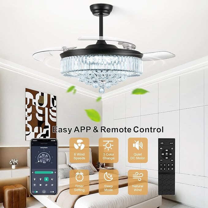 42'' Fandelier Ceiling Fans with Light, Chandelier Ceiling Fan, Retractable Ceiling Fan for Bedroom, Living Room, 3 Color Change, LED Dimmable, 6 Speeds, Reversible DC Motor- Black