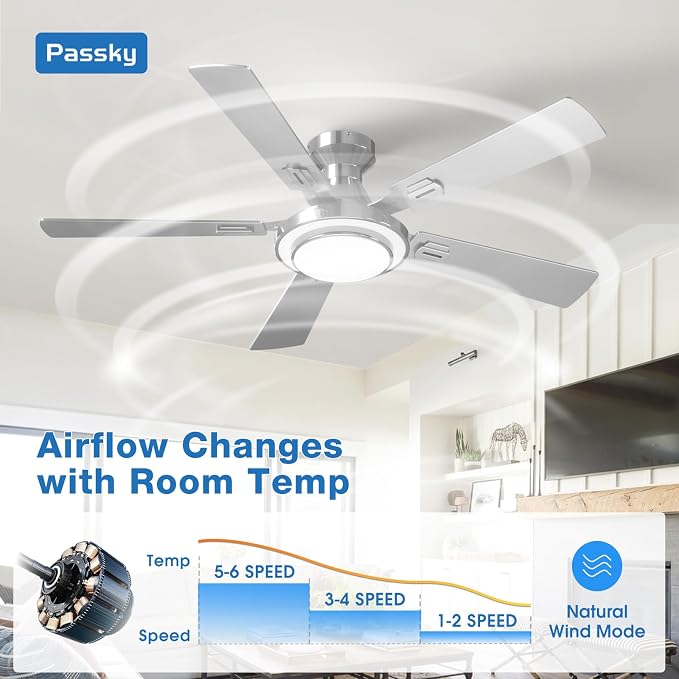 Passky Ceiling Fans with Lights, 52 inch Silver Flush Mount Ceiling Fan with Remote Control, Low Profile Ceiling Fan for Bedroom, Farmhouse, Reversible, 3CCT, Dimmable, Noiseless DC Motor, 2 Rings