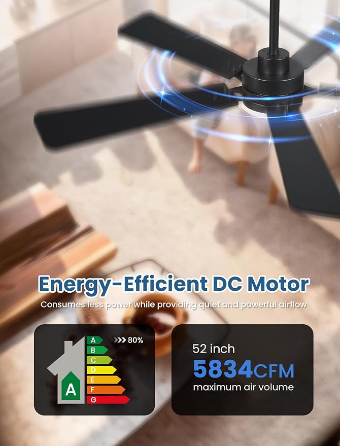 52 Inch Ceiling Fan with Lights and Remote, Downrod Mount, Sloped Ceiling Compatible up to 15°, Quiet Reversible DC Motor, 3CCT Dimmable LED, Black Ceiling Fan for Bedroom Living Room