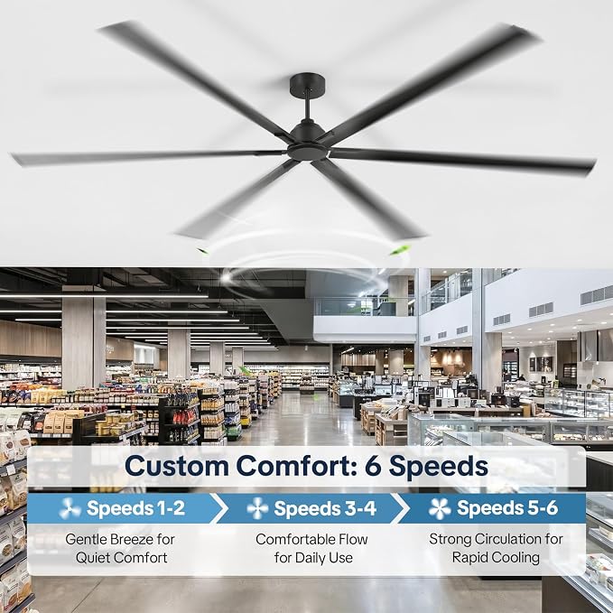 120 Inch Extra Large Ceiling Fan,HVLS Industrial Ceiling Fan with DC Reversible Motor,6 Speed Black Commercial Fan,High CFM, 6 Aluminum Blades,Timer,3 Downrods for Garage/Shop/Warehouse/Gym/Barn