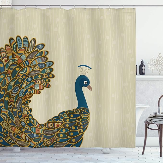 Ambesonne Peacock Shower Curtain, Oriental Background with Motley Bird Tail Ornate, Cloth Fabric Bathroom Decor Set with Hooks, 69" W x 84" L, Petrol Blue