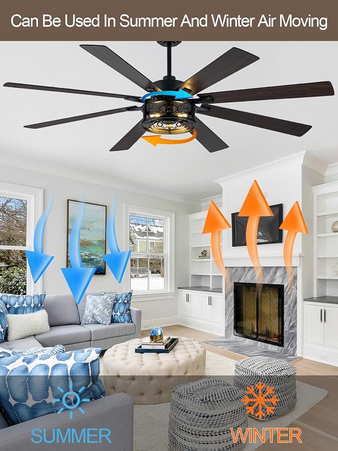 72" Farmhouse Ceiling Fan with Lights Remote Rustic Ceiling Fan | Black Caged Fandelier Large Industrial Chandelier for Living Room Indoor Covered Outdoor, Reversible Quiet DC Motor 6 Speeds
