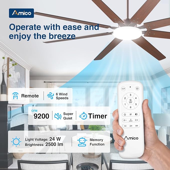 Amico 80 inch Ceiling Fans with Lights,Large Ceiling Fan with Light and Remote Control, Dimmable, 6 Speed Reversible Quiet DC Motor, Brown Modern Ceiling fan For Living Room, Bedroom, Kitchen, Patio