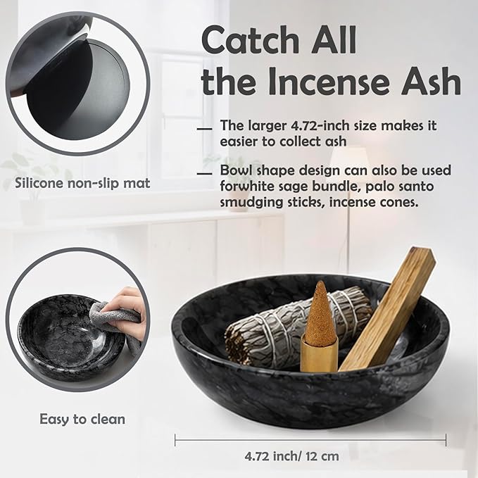 Natural Marble Incense Holder, 4.72 Incense Holder for Sticks with 9 Holes, Handmade Incense Burner for use in Meditation/Palo Santo/Sage/Cone (Black)