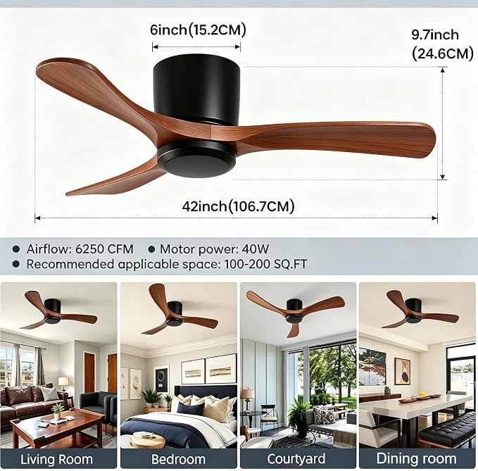 GESUM 42 Inch Wood Ceiling Fan without Light | Flush Mount, Remote Control, 3 Blade 6-Speed Reversible DC Motor, Noiseless Timer, For Bedroom Living Room Patio Porch