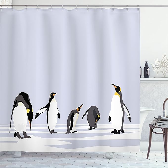 Ambesonne Animal Shower Curtain, Penguins on Polar ICY Land Winter Climate Arctic Cold Season Creatures Print, Cloth Fabric Bathroom Decor Set with Hooks, 69" W x 75" L, White Lilac