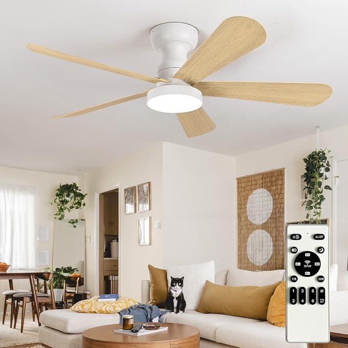 Depuley Small Ceiling Fan with Lights: 42-Inch Flush Mount Fan with Light and Remote - Low Profile Ceiling Fans Reversible Quiet DC Motor for Bedroom Living Room Indoor Outdoor, Wood Color