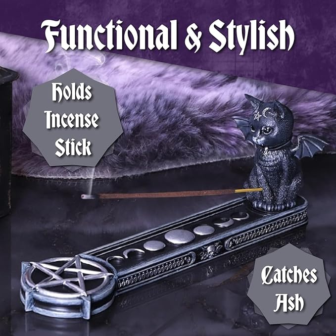 Nemesis Now Malpuss Vampire Cat Incense Burner, Hand-Painted Resin Gothic Decor Featuring Bat Wings and Pentagram Symbol, 24cm