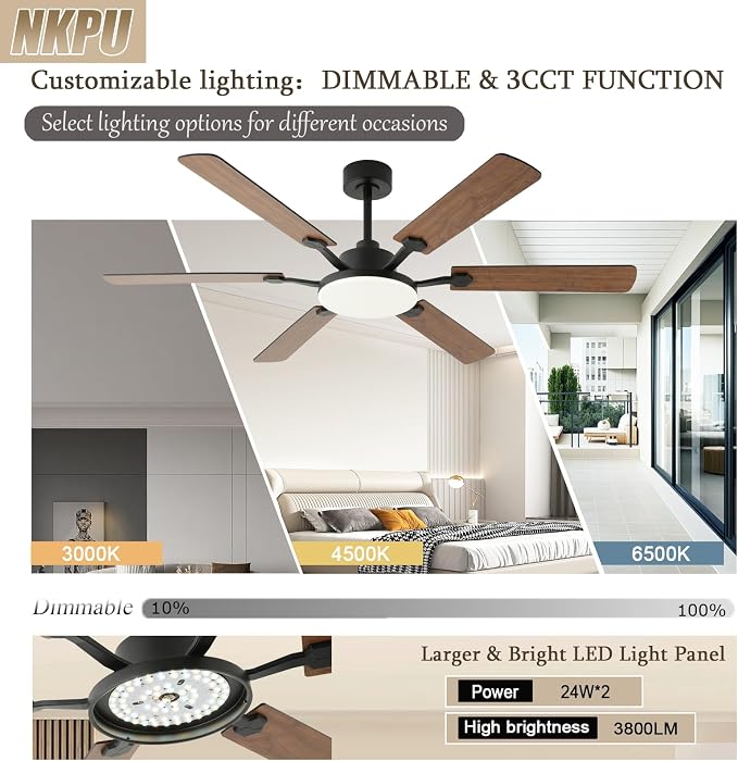 60 Inch Ceiling Fans with Lights, Large Modern Brown Ceiling Fan with Light and Remote Control, 6 Double Sided Blades, 6 Speed Reversible Motor, Dimmable LED, Silent Timing, Indoor Outdoor Patio Use