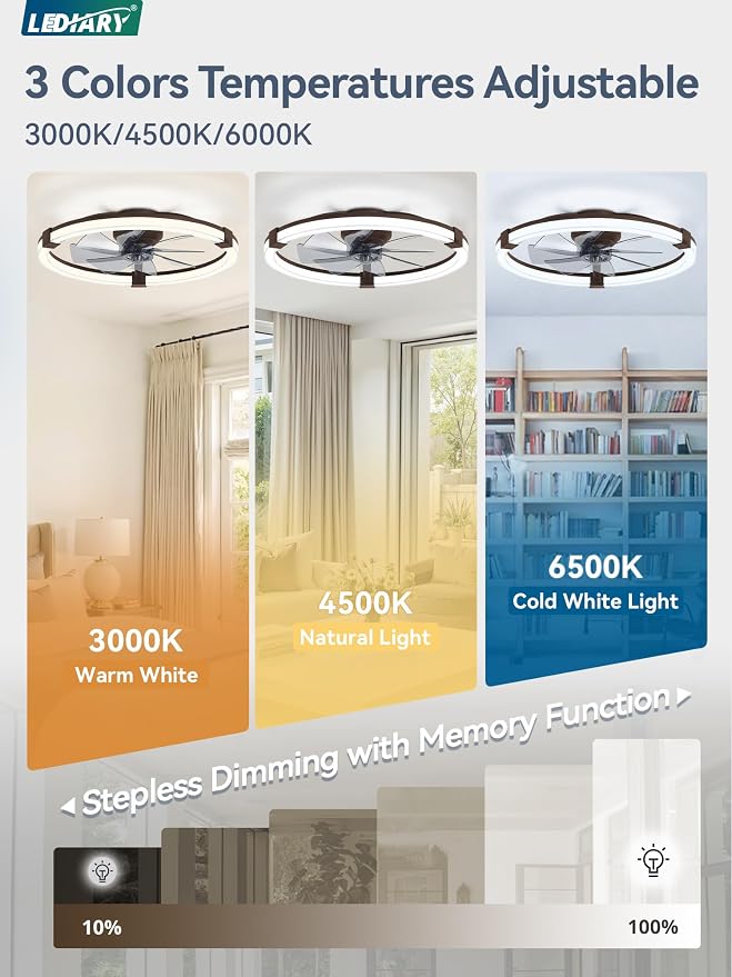 LEDIARY Ceiling Fans with Lights, 23 Inch Low Profile Ceiling Fan with Remote, 6 Speeds, Reversible, Dimmable Flush Mount Fan Light, Modern Fandelier Ceiling Fan with Lights for Bedroom, Brown