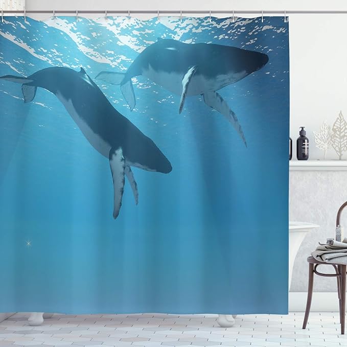 Ambesonne Ocean Shower Curtain, 2 Humpback Whales Swimming Near The Ocean Surface in The Rays from The Sun Image, Cloth Fabric Bathroom Decor Set with Hooks, 69" W x 75" L, Pale Blue