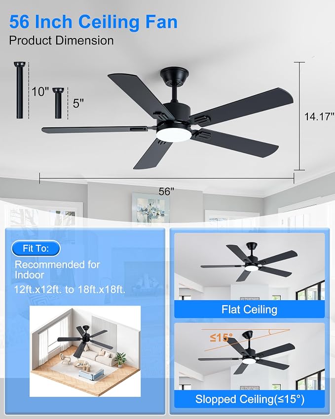 Coolwind 56 Inch Black Modern Ceiling Fan with Display Remote/APP Control, Quiet Ceiling Fan with Light with 8 Speeds & 3CCT, Dimmable, Timer, DC Reversible Motor for Bedroom, Living Room