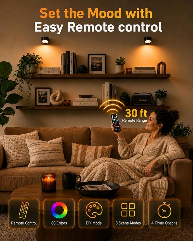 LED Wall Mounted Lights, Rechargeable Wall Sconces, 3 Color Temps, Remote & Touch, 360° Rotating and Dimmable for Bedroom, Bedside & Reading (Black-RGB, 1 Pack)