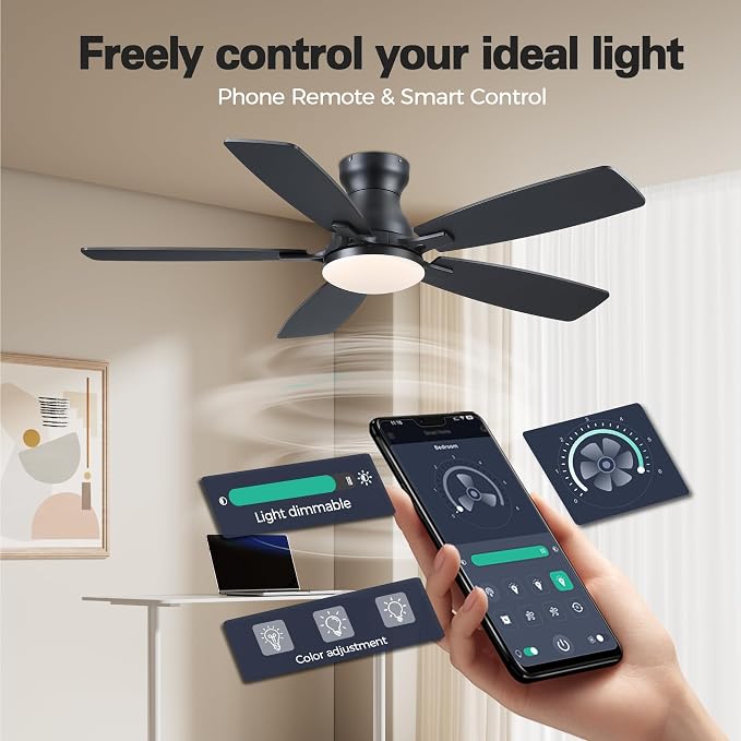JSAITEE 46 Inch Low Profile Flush Mount Ceiling Fan with Lights, Black | 46" Ceiling Fan with 5 Dual-Sided Blades and 6 Speeds 3CCT Dimmable, Modern Indoor Fan Light Fixtures for Bedroom, Kitchen