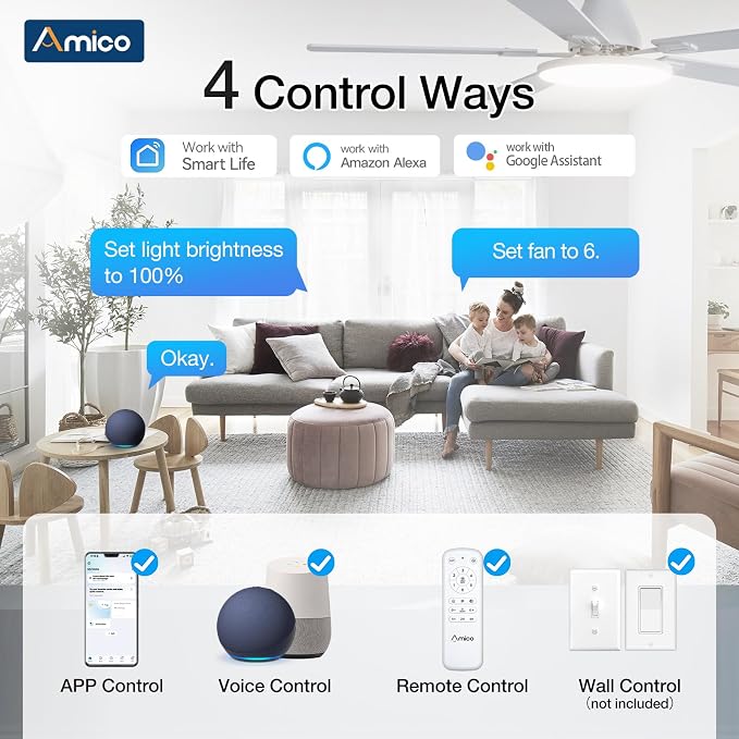 Amico Ceiling Fans with Lights, 52 inch Smart Ceiling Fan with Remote/APP/Alexa Control, Flush Mount, Reversible DC Motor, 5 Blades, 6 Speeds, 3CCT, Dimmable, Noiseless, Bedroom, Living Room, White
