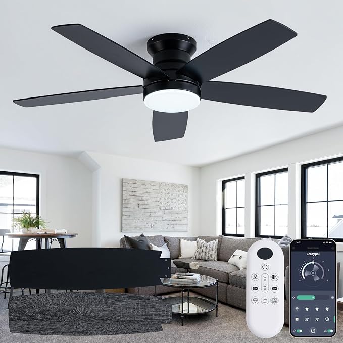 Coolwind 48 Inch Black Flush Mount Ceiling Fan with Display Remote/APP Control, Quiet Low Profile Ceiling Fan with Light, 8 Speeds, Dimmable, 3CCT, Timer, DC Reversible Motor for Bedroom, Living Room