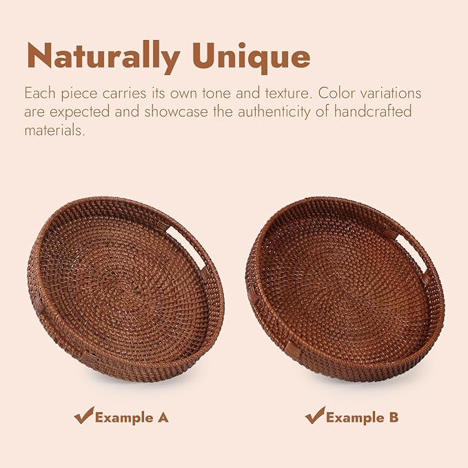 16.9 inch Round Rattan Tray, Woven Large Serving Tray with Handles, Wicker Serving Basket, Coffee Table Decor for Living Room, Reddish-Brown