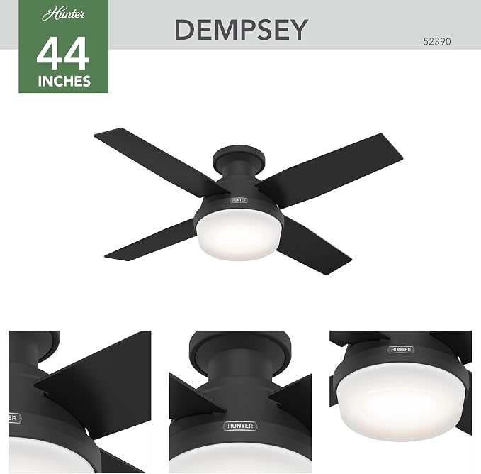 Hunter Dempsey, Indoor, Ceiling Fan, Modern, Quiet, 44 inch, Matte Black | with LED Light and Remote Control, Low Profile Mount, 4 Blades, For Bedroom, Living Room, Kitchen, 52390