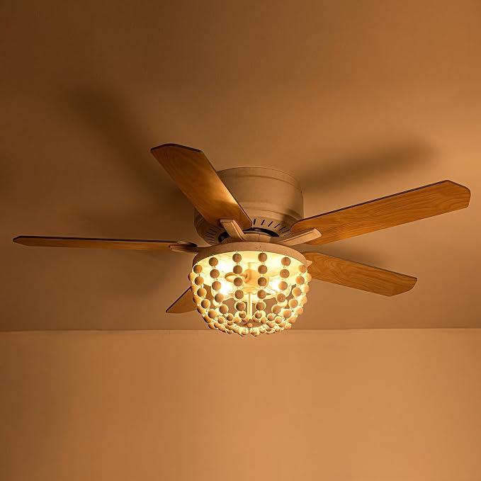 Boho Ceiling Fans with Lights, 48 Inch Flush Mounted Ceiling Fan with Remote Control and Wood Beaded Shade, 3 Speeds & Reversible Motor, 5 Double-Sided Blades for Bedroom Living Room