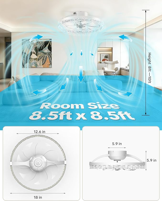 Ceiling Fans with Lights and Remote, Low Profile Ceiling Fan, Morden Flush Mount LED Fan Light, 3000K-6500K Dimmable for Bedroom, Kitchen, Living Room, Srystal, White