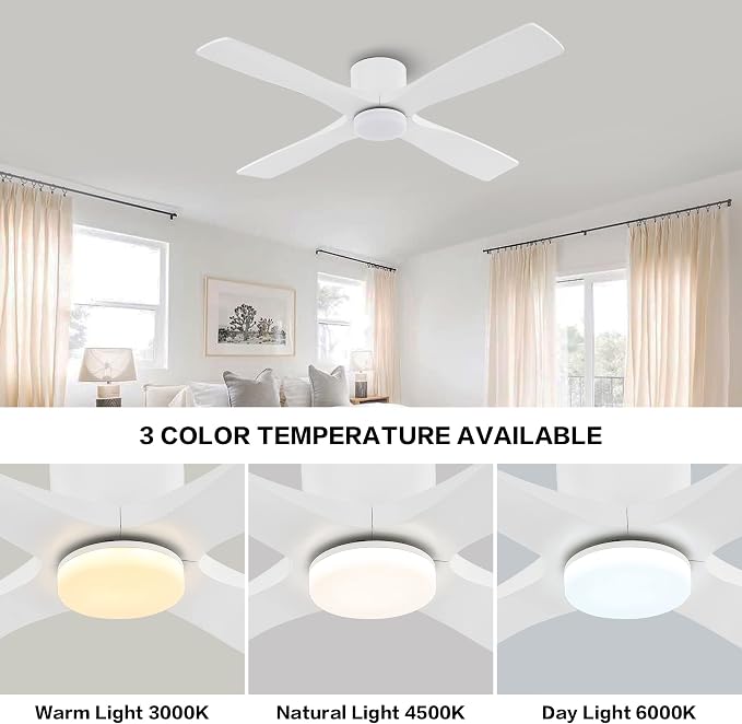 WINGBO 48 Inch Flush Mount DC Ceiling Fan with Lights and Remote, 4 Reversible Carved Wood Blades, 6-Speed Noiseless DC Motor, Hugger Ceiling Fan in White Finish, Low Profile Ceiling Fans, ETL Listed