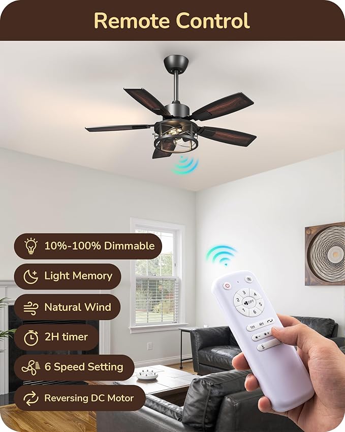 EDISHINE 42" Farmhouse Ceiling Fans with Lights and Remote, 10%-100% Dimmable, Reversible DC Motor, 6 Speed, 5 Wooden Blades, Timer, Rustic Caged Fandelier Ceiling Fan for Living Room, Bedroom