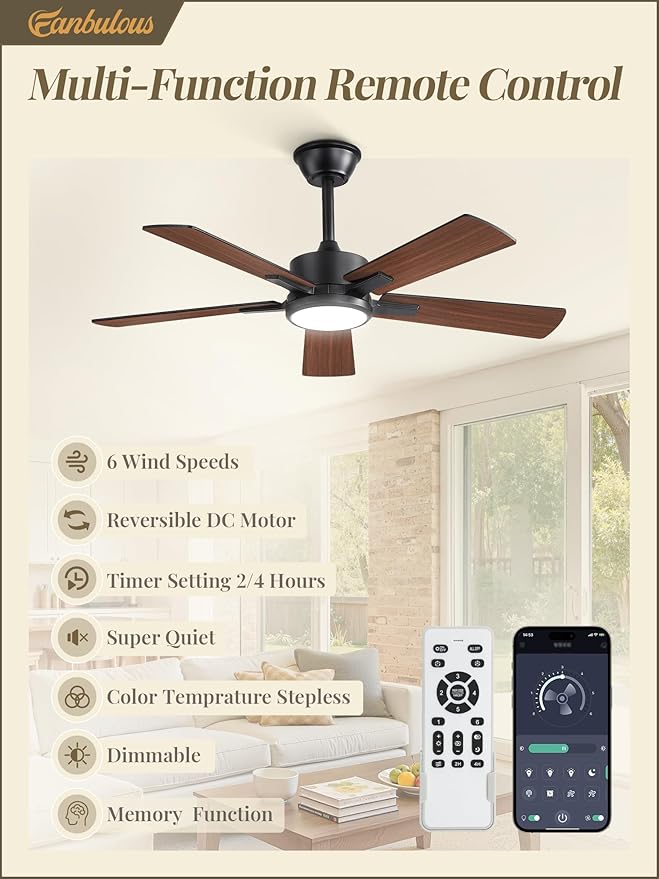 Fanbulous 42 Inch Ceiling Fans with Lights and Remote, Stepless Color Temperature Change & Dimmable 20W LED Ceiling Fan, 6 Speeds Reversible Quiet DC Motor for Bedroom, Living Room, Apartment,Black