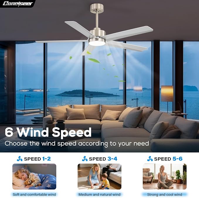 Conciseer 52 Inch Ceiling Fans with Lights and Remote for Bedroom Living Room Kitchen Office, Indoor/Outdoor Use, 3CCT Dimmable, 5 Blades 6 Speed Reversible Quiet DC Motor, Sand-nickel/Silver