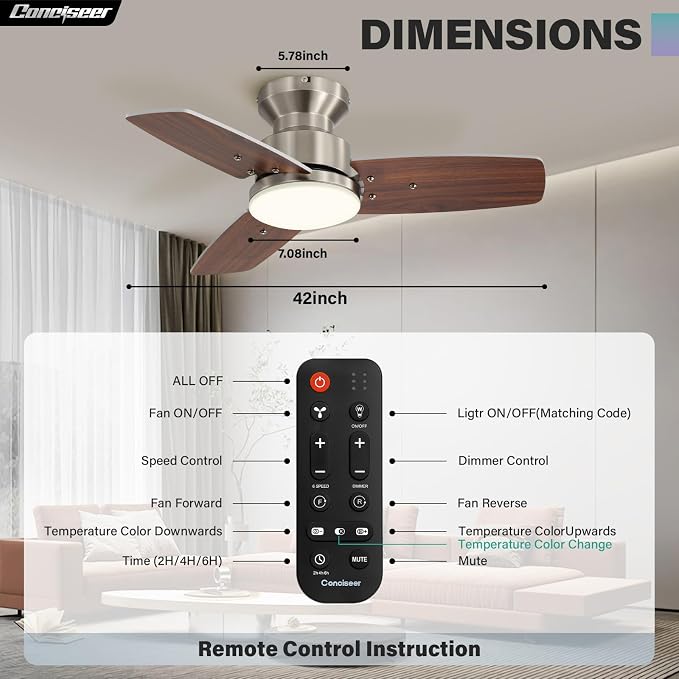 42 Inch Ceiling Fans with Lights and Remote, Bedroom Living Room Office, Flush Mount, 6CCT Dimmable, Dual Color 3 Blades 6 Speed Reversible Quiet DC Motor, Sand-Nickel/Wood Grain