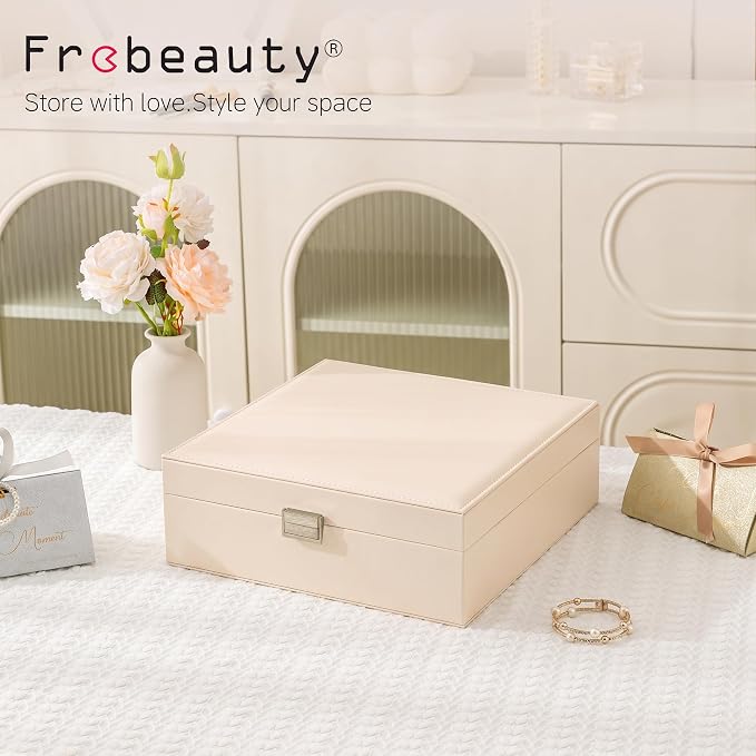 Frebeauty 50 Grid Earring Holder Organizer,2 Layer Jewelry Box for Women | Faux Leather,Velvet Lining,Adjustable Divider,Jewelry Organizer for Ring Necklace and Bracelet,for Home Use and Jewelry Store