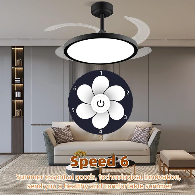 BAYSQUIRREL Slim Retractable Ceiling Fan with Lights and Remote/APP Control,6 Speed Dimmable Reversible Memory Ceiling Fan,42 inch Modern Silent Smart Ceiling Fans for Bedroom Living Room Dinning Room