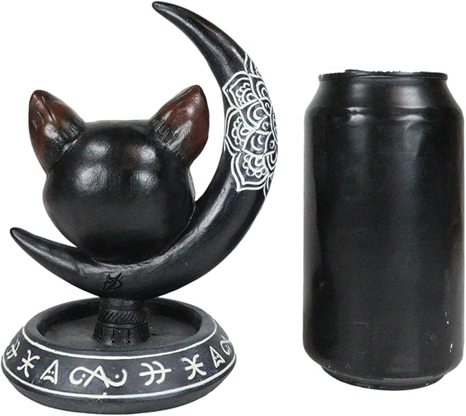 Ebros Gift Paranormal Occult Ouija Sacred Geometry Black Cat with Crescent Moon and Mandala Chakra Flower Backflow Cone Incense Burner Holder with Cascading Smoke Pool Waterfall Effect Figurine