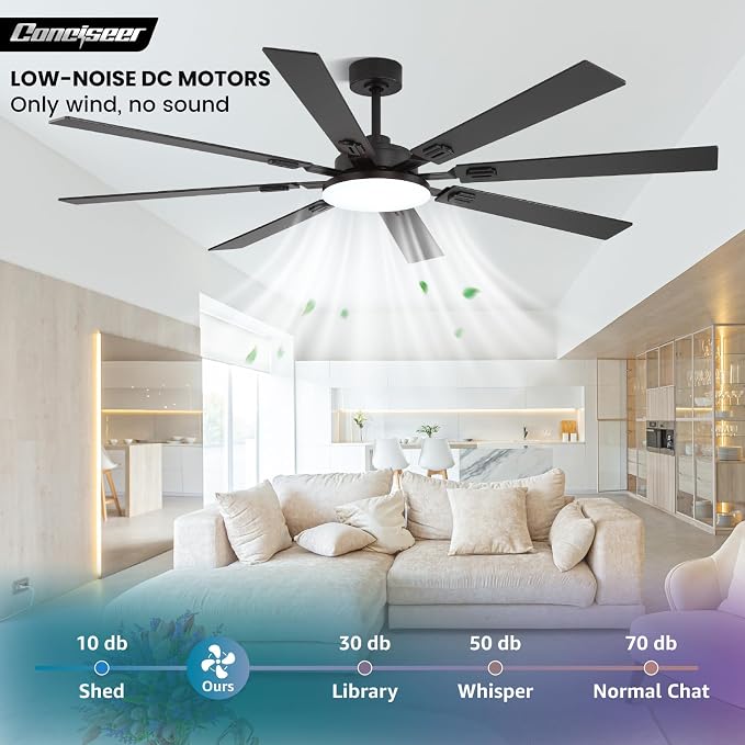 72 Inch Ceiling Fans with Lights and Remote, Dual Color 8 Blades, Bedroom Living Room Office Library Cafe Outdoor Industrial, 3CCT Dimmable, 6 Speed Reversible Quiet DC Motor, Black/Wood Grain