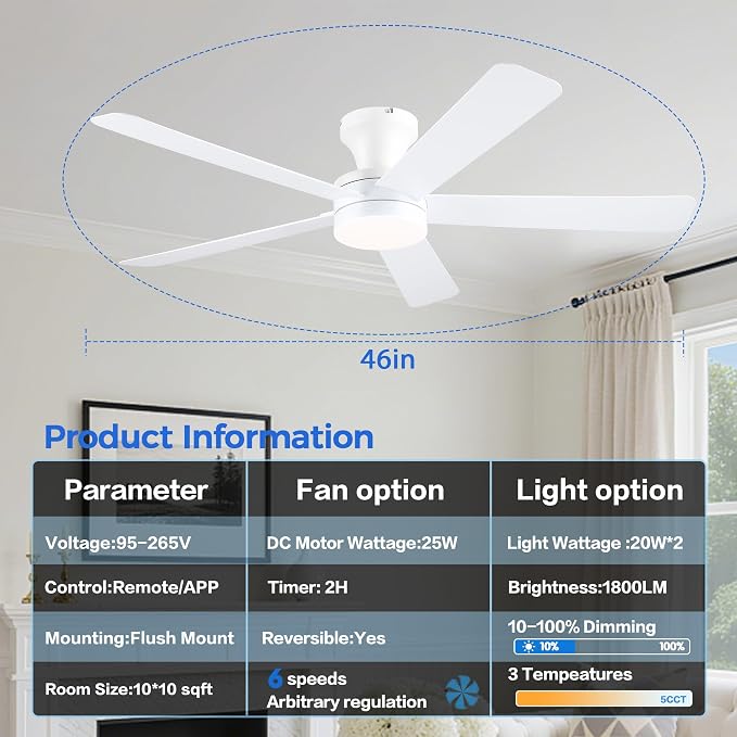 Ayaoty White Ceiling Fans with Lights, 46"- Flush Mount Ceiling Fan Light with ABS Blades Reversible, Low Profile, 3CCT Dimmable, Reversible, Fan Light for Indoor Modern Bedroom, Kitchen