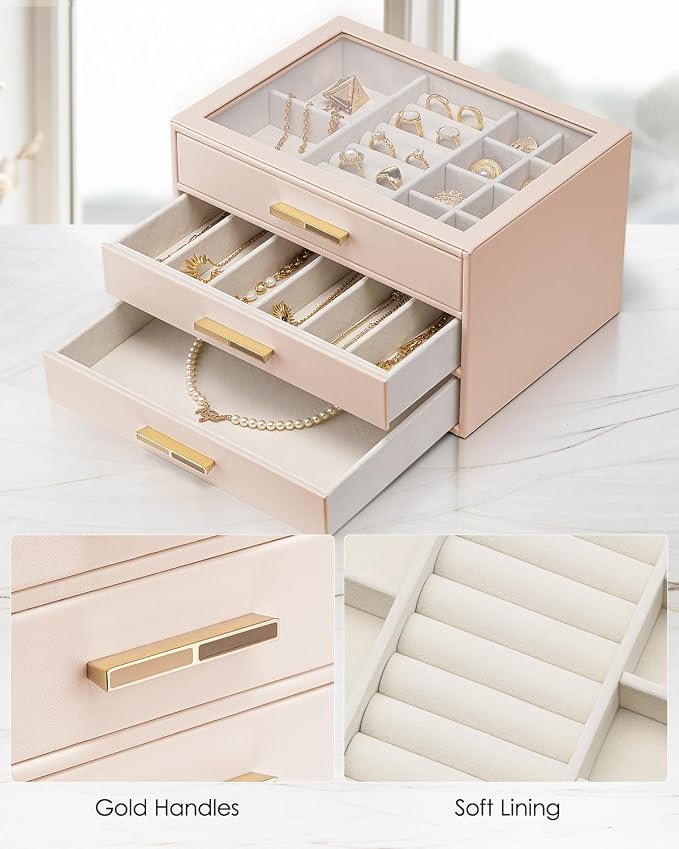 VLANDO Jewelry Box for Women, Glass Lid Jewelry Organizer with 3 Drawers for Necklaces Rings Earrings Bracelets - Nude Pink