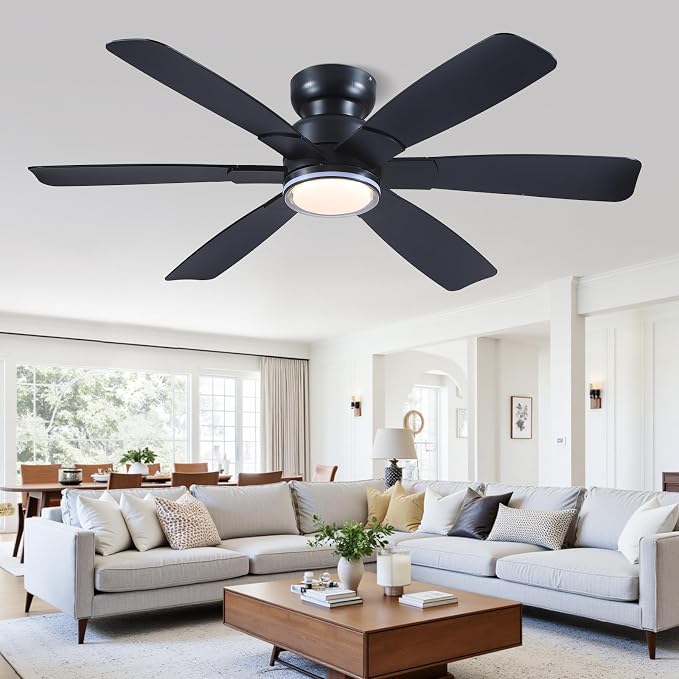 Kviflon 52" Modern Ceiling Fans with RGB Lights Remote/APP Control, Low Profile Flush Mount Ceiling Fan, 6 Reversible Plastic Blades 6 Speeds, RGB + 3 CCT Dimmable Lights for Bedroom Kidsroom, Black