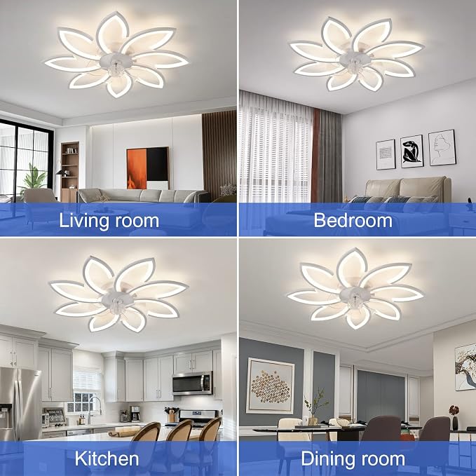 35" Geometric Ceiling Fan with Light Remote Control, 6 Speeds 3 Colors, White Low Profile Flush Mount Ceiling Fan for Kitchen Bedroom Living Room