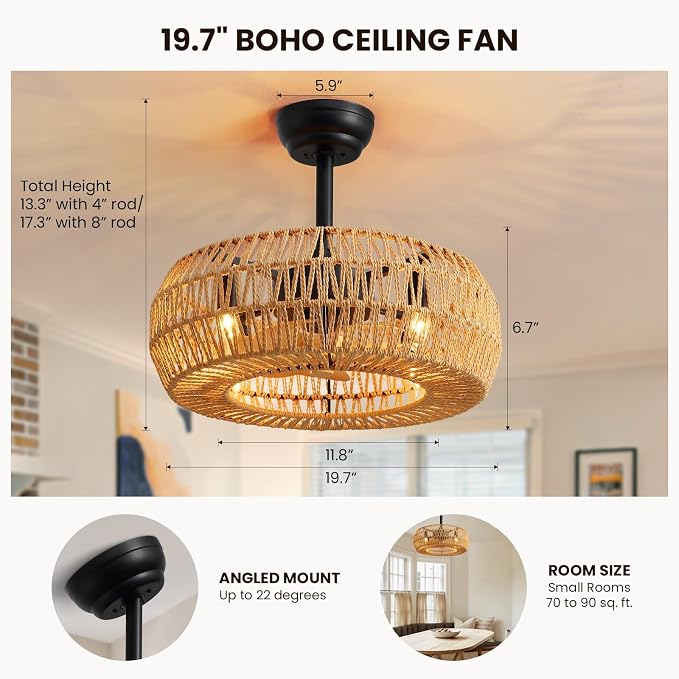 20" Boho Caged Ceiling Fan with Lights Remote Control, Rattan Cage Low Profile Bladeless Ceiling Fan, Farmhouse Ceiling Fans with Light for Kitchen, Bedroom, Dining Room