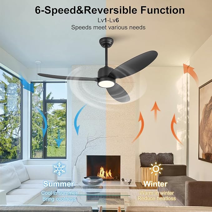 WINGBO 52" Outdoor Ceiling Fans with Lights, Wet Rated Waterproof Indoor Ceiling Fan with Remote, 3 ABS Blades Modern Ceiling Fan,3CCT Quiet 6-Speed DC Motor, for Porch Patio Bathroom, Black