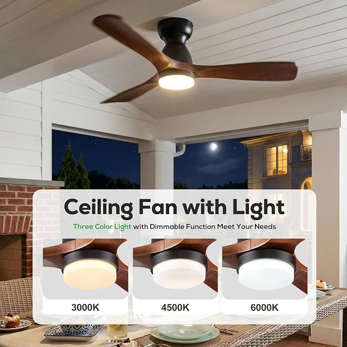 52in Smart Flush Mount Ceiling Fans with Lights,Outdoor Low Profile Wood Ceiling Fan Quiet DC Motor,Work with Alexa/Gg Voice Control/App/Remote,Dimmable,6-speed,3 Wood blades Fan for Patio,Dark Walnut