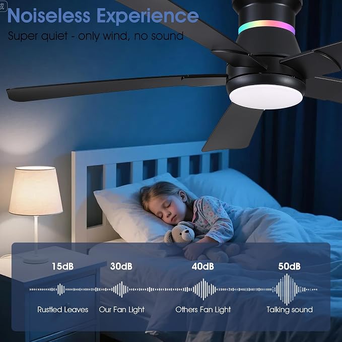 Surtime 52" Black Ceiling Fans with RGB Lights - Flush Mount Ceiling Fan Light with LED 3CCT Dimmable, Modern Low Profile Ceiling Fans for Indoor Party,Covered Outdoor