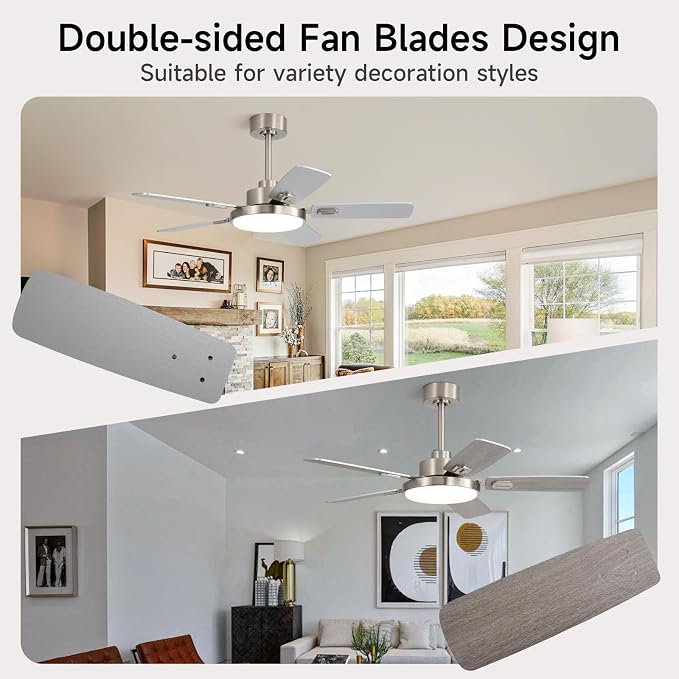 44 Inch Ceiling Fans with Lights and Remote for Bedroom Living Room Kitchen Office, Indoor/Outdoor Use, 5CCT Dimmable, Dual Color 5 Blades, 6 Speed Reversible Quiet DC Motor, Sand-nickel/Wood Grain