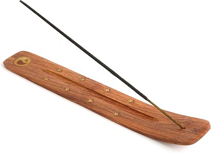 Wooden Incense Holder for Sticks with Inlays of Brass Ying YANG 10 inches Long